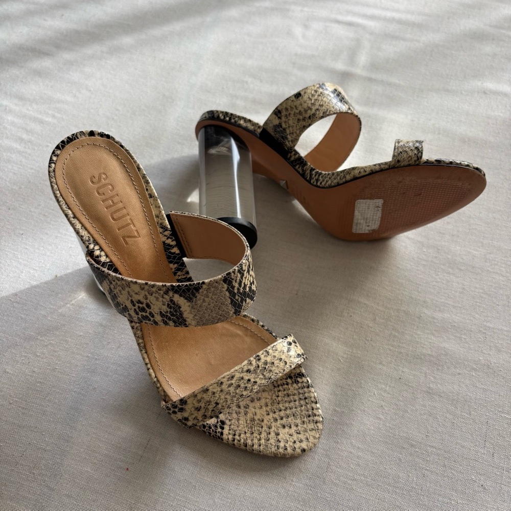 SCHUTZ Snake Print Clear Block Heel Sandals - Beige Black - Picture 3 of 8